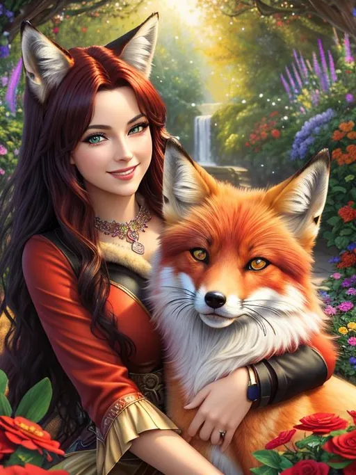 Prompt: (3D, 8k, masterpiece, oil painting, professional, UHD character, UHD background) Portrait of Vixey, Fox and Hound, brilliant red fur, brilliant amber eyes, big sharp 8k eyes, sweetly peacefully smiling, detailed smiling face, by Anne Stokes, extremely beautiful, ,enchanted garden, vibrant flowers, vivid colors, lively colors, vibrant, high saturation colors, flower wreath, highly detailed fur, highly detailed eyes, highly detailed defined face, highly detailed defined furry legs, highly detailed background, full body focus, UHD, HDR, highly detailed, golden ratio, perfect composition, symmetric, 64k, Kentaro Miura, Yuino Chiri, intricate detail, intricately detailed face, intricate facial detail, highly detailed fur, intricately detailed mouth