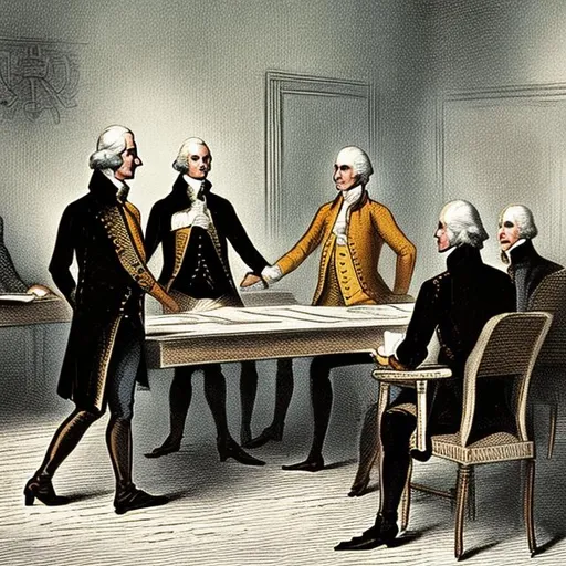 Prompt: George washington and Thomas jefferson and Alexander hamilton in a meeting room arguing