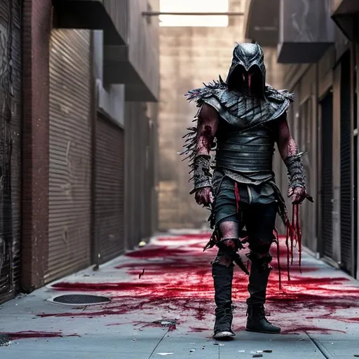 Prompt: The shredder in ripped clothes covered in blood in dark alley 