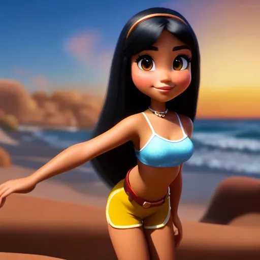 Prompt: Disney, Pixar art style, CGI, mexican girl with long straight black hair, tan, sturdy body, big eyebrow, strong chubby