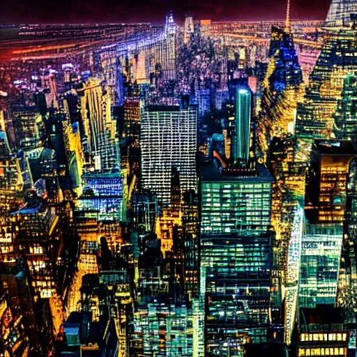 Prompt: create an hd realistic abstract art image of manhattan skyline at night