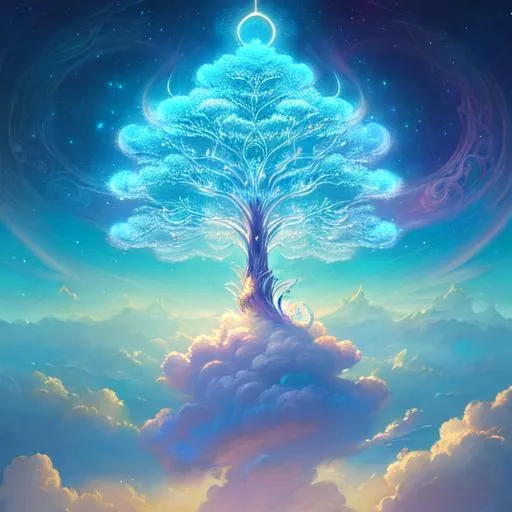 Prompt: person watching a beautiful glowing celestial filigree tree in the clouds, highly intricately detailed photograph, centered, fantastical, fantasy, in the style of Ross Tran, RossDraws, Android Jones, Anna Dittman, hyperrealistic, a beautiful Digital painting, concept art 