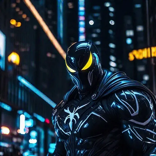 Prompt: Close-up shot of Moon Knight cyberpunked as superhero with Venom Symbiote suit in New York city, 8k, HD, night theme, neon color 