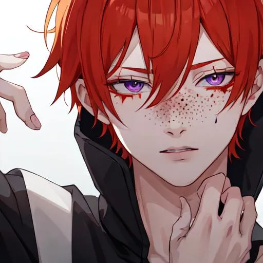 Prompt: Erikku male adult (short ginger hair, freckles, right eye blue left eye purple)  UHD, anime style, covered in blood, psychotic, covering his face with his hands