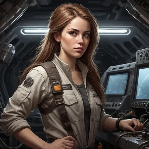 Prompt: Create a realistic-style digital art illustration of a white female character working as a mechanic/techie in a spaceship. The character should have an average build and brown long hair, with a rugged and worn-out appearance. The drawing should be from the waist up, showcasing the character's torso. The color palette should consist of dark and gritty tones, and the lighting should be dim and moody with atmospheric effects. Please include some futuristic machinery or equipment in the background, and depict the character with a determined and focused expression.
