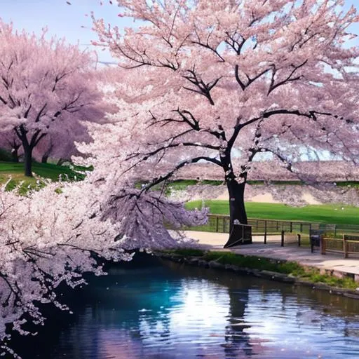 Blossoming cherry trees in a park, Bob Ross style