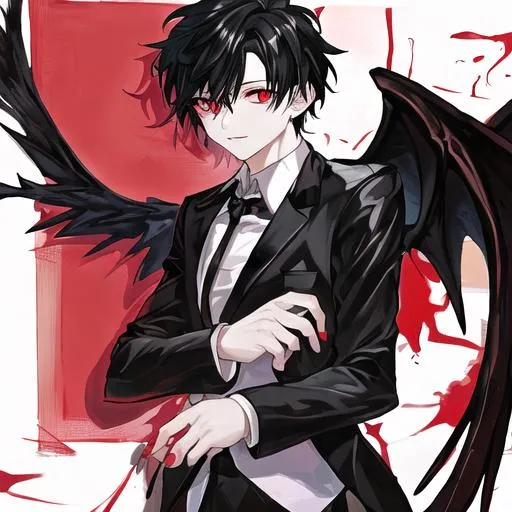 Prompt: Damien  as a fallen angel (male, short black hair, red eyes)