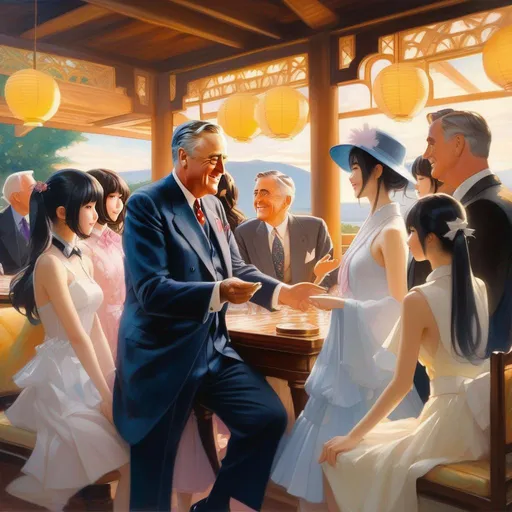 Prompt: Franklin Roosevelt meets anime girls, anime style, extremely detailed painting by Greg Rutkowski and by Henry Justice Ford and by Steve Henderson 