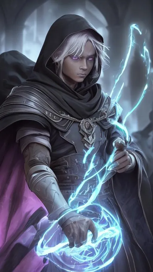 Prompt: A former drow slave turned shadow sorcerer. The young boy has obsidian black skin and short marble white hair. He wears a tattered black cloak and a hood to cover his face. His power manifests as liquid purple and cyan flames that hover around him. The shadows around him shift and change showing anger despite his emotionless face. behance hd