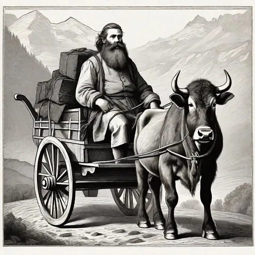 Prompt: black and white Engraving, total, whole body,  young intelligent dwarf with a red insanely long beard sitting on the carriage seat of an ox-cart, broad face, red hair, eyes, adventurer, friendly, symmetrical detailed face,  dirt in the face, sturdy medieval adventurer clothes,  mountains in the background, quality, extremely detailed,