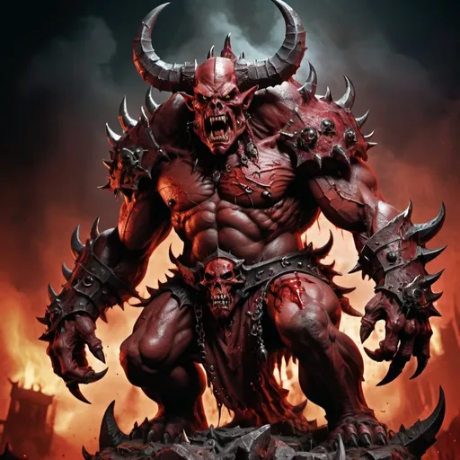 Prompt: Greater demon of Khorne in Warhammer fantasy RPG, towering and muscular, blood-soaked, terrifying and ferocious expression, high quality, detailed, dark fantasy, blood-red tones, dramatic lighting