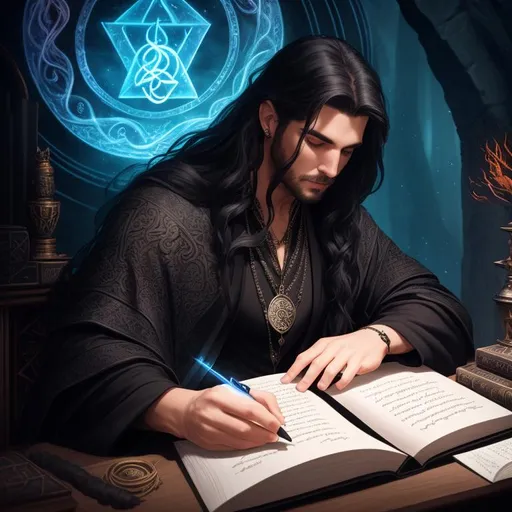 Prompt: front view of male sorcerer writing runes into a book, wandering spirit in the background, summoning wealth, protection, aura, alchemy, several amulets, dark clothing, black jacket, long flowing hair, realistic eyes, vivid colors, masterpiece, art by HR Giger, dark contrast, 3D lighting, nighttime in the heavens, background