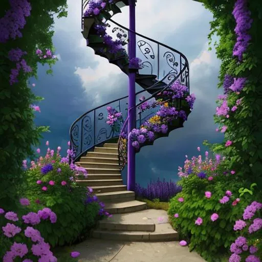 Prompt: stairway to the sky with beautiful purple flowers-Beautiful creation
