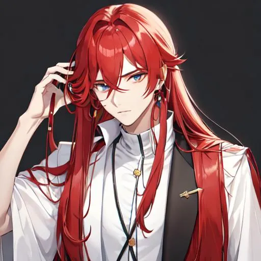 Prompt: Zerif 1male (Red side-swept hair covering his right eye) brushing his hair