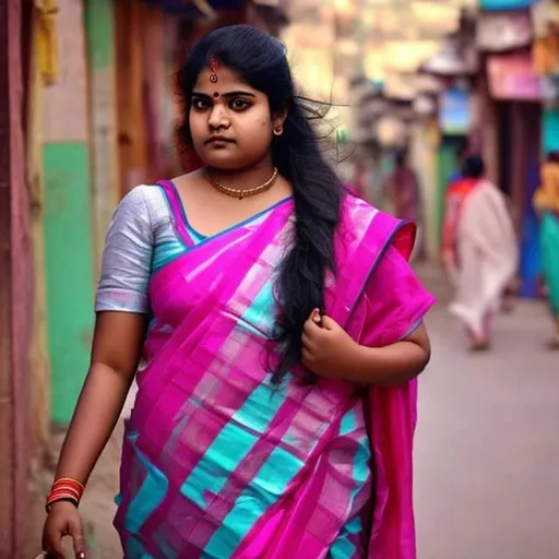 Prompt: South Indian girl
Walking through a street
She is a doctor returning from work .
She is obese class 1
She wears formals.

