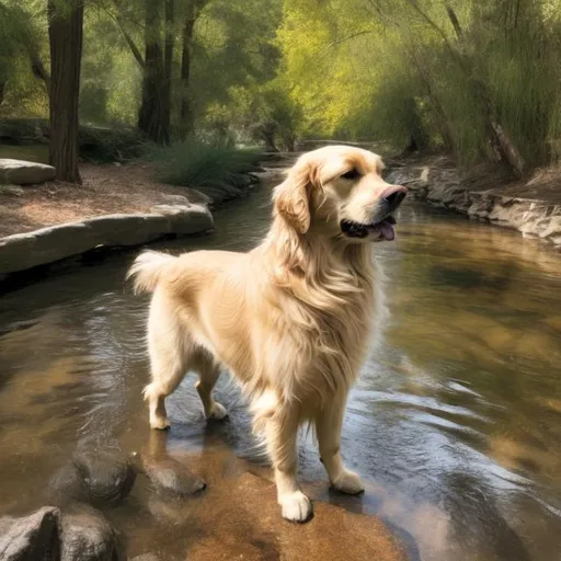 Prompt: A golden retriever by a creek