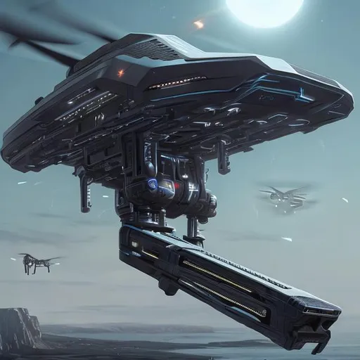 Prompt: Drone, futuristic, hyperrealistic, high tech, mothership, guns, monster