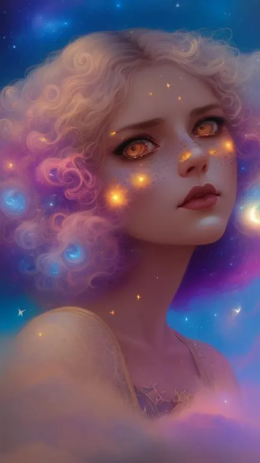 Prompt: A very beautiful woman with hair made of glowing clouds illuminated by shooting stars, and freckles made of stars, makeup made of stardust,  art by Tom Bagshaw, Greg Rutkowski, caia Koopman, catrin Welz-Stein, Josephine Wall, WLOP, by artgerm, art by Laura Hollingsworth, Andrew Atroshenko, 4k, pretty visuals, aesthetic, artstation, unreal engine, shadow effect, insanely detailed and intricate, highly detailed, sparkles, iridescent effect to the white clouds.