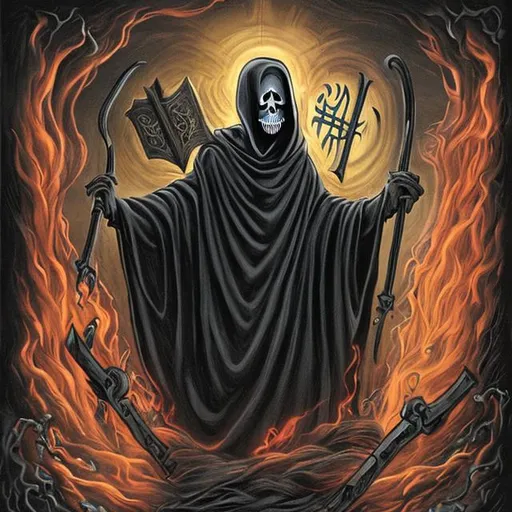 Prompt: The Grim Reaper holding an open book with souls trying to escape from the book while holding a scythe