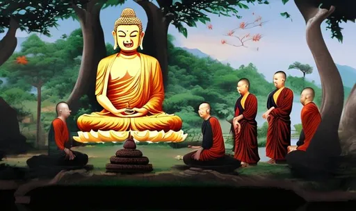 Prompt: buddha sitting under tree and five monks sitting in front of him