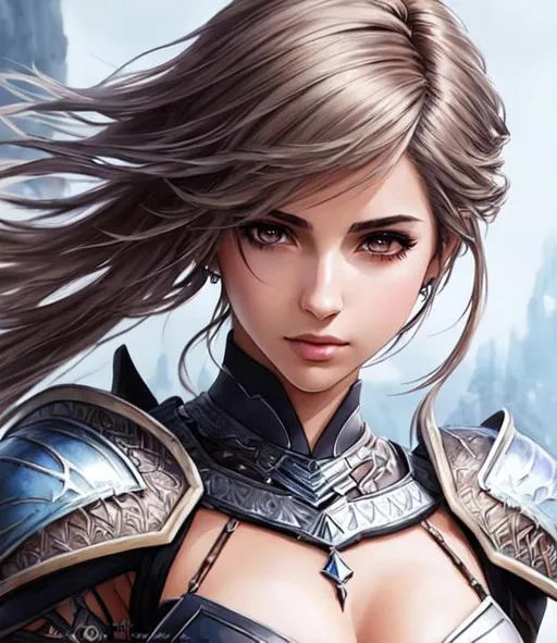 Prompt: a final fantasy watercolor concept art with Naomi Scott, brown hair, realistic face, in white Dragoon Artifact armor, parted bangs, brown eyes, ethereal, jewelry set balayage wild hair, royal vibe, highly detailed, digital painting, Trending on artstation , HD quality, tan skin, Big Eyes,artgerm,by yoshitaka amano
