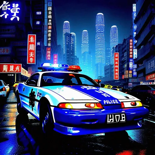 Prompt: Subject: "Police cars"

Creative descriptions: Sleek, blue and white sports cars adorned with the powerful Chinese characters "坡力士". Flashing lights illuminate the darkness, casting an eerie glow.

Environment: A bustling city at night, with towering skyscrapers and neon signs reflecting off wet pavements. The streets are alive with a mix of excitement and tension.

Mood/Feelings: A sense of authority and vigilance permeates the air. There's an undercurrent of urgency and anticipation, as if something significant is about to unfold.

Artistic medium/Techniques: The scene captures the interplay of light and shadow, highlighting the contrast between the glowing police cars and the dark cityscape. Long exposure techniques enhance the dynamic movement of the flashing lights.

Artists/Illustrators/Art Movements: Inspired by the works of Edward Hopper, with his mastery of capturing urban solitude, and influenced by the noir aesthetic of film noir and graphic novel illustrations.