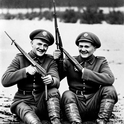 Prompt: Smiling Soviet Soldiers holding their rifle, sitting on the mud and cheering in the 1920s 