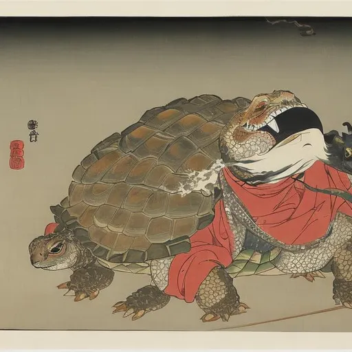 Prompt: "Hare vs the Tortoise as Yōkai, Japanese painting, 1800"