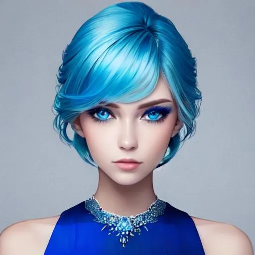Prompt: A beautiful woman, beautiful face, stunning blue eyes, ombre gradient ice blue hair, delicate dress 