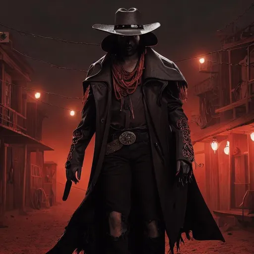 Prompt: Cyber Cowboy with 4 Arms, fiery red Poncho, Dressed in black duster and Stetson Cowboy Hat, with Red eyes, Haunting Presence, Intricately Detailed, Hyperdetailed, Desert Wild West Landscape, Dusty Midnight Lighting, Wild West Feel