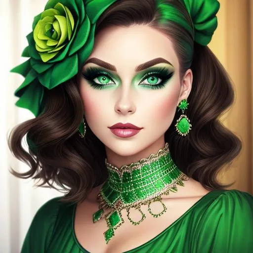 Prompt: A woman all in green, green eyes, pretty makeup