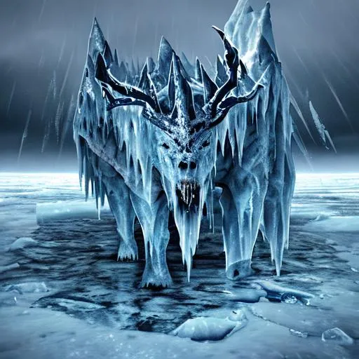 Prompt: Demonic force, ice, rain, iceberg, icy tundra, bleeding, blood, animalistic, demonic, draconic, 