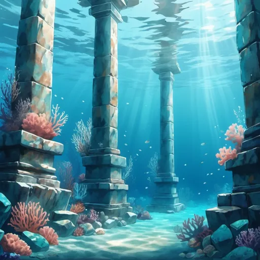 Prompt: underwater pillars, turquoise, quiet rock site
anime style, illustrated. tiers of teal rocks, and scattered coral
