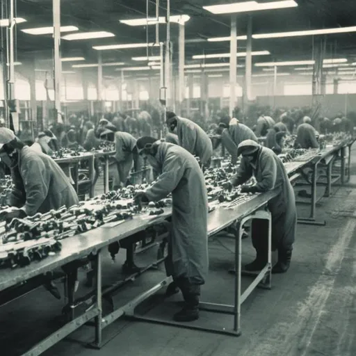 Prompt: precariat labor working along the assembly line in a factory
