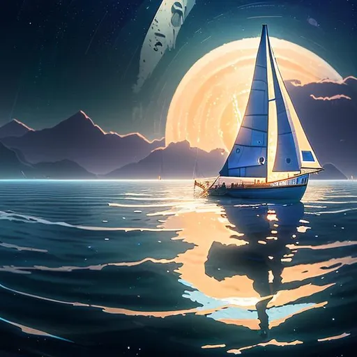 Prompt: Immerse yourself in a tranquil sailing adventure beneath a mesmerizing night sky. Create a captivating portrait using hyperrealistic 3D rendering techniques, capturing the ethereal essence of a full moon casting its luminous glow upon the serene sea. From the perspective of a sailboat, let your mastery of digital art convey the stillness and magnificence of this solitary voyage. Pay meticulous attention to the interplay of moonlight on the gentle waves, allowing the light to dance and shimmer with utmost realism. Craft the sailboat with intricate details, highlighting the subtle textures of its sails, ropes, and weathered wood by greg rutkowski and ilya kuvshinov