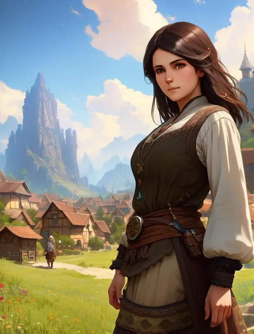 Prompt: a  brown hair villager, witcher 3,  beautiful intricate exquisite imaginative exciting,full pose with relaxed pose, villager clothes,  by ruan jia, tom bagshaw, alphonse mucha, krenz cushart, beautiful village in the background, epic farmland, vray render, artstation, deviantart, pinterest, 5 0 0 px models,
