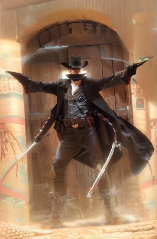 Prompt: Cyber Cowboy with 4 Arms, fiery red Poncho, Dressed in black duster and Stetson Cowboy Hat, with Red eyes, Haunting Presence, Intricately Detailed, Hyperdetailed, Desert Wild West Landscape, Dusty Midnight Lighting, Wild West Feel