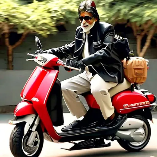 Prompt: Create an image on amitabh bachchan who is seen riding a Honda Kinetic scooter. Keep the image in a retro style & make him look happy 