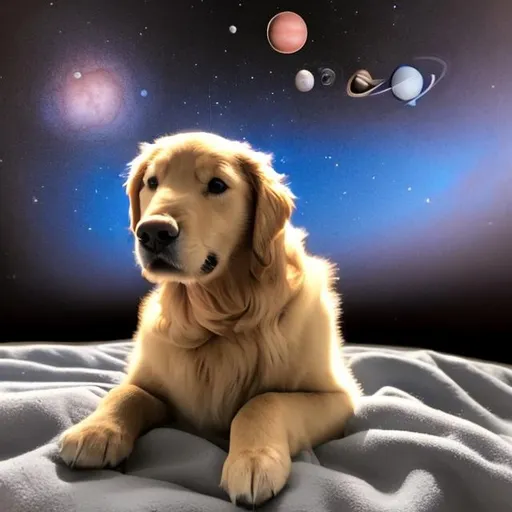 Prompt: Buddy the golden retriever puppy looking at the planets in outer space 