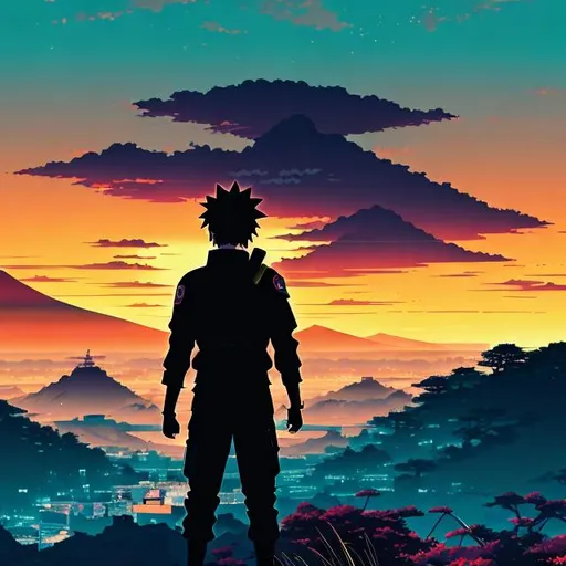 Prompt: High quality illustration of naruto, dark palette colors,  amazing digital art,view from back, naruto silhouette in middle, high definition,8k, sharp focus , beautiful landscape, artsation, light exposure, midjourney style, modern, well defined face, high details, wallpaper image, masashi kishimoto style,8k,studio ghibli