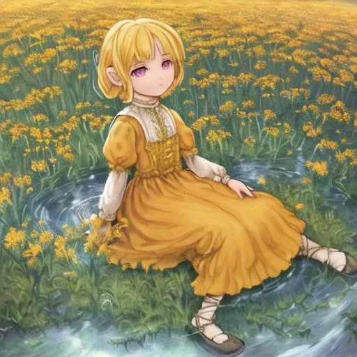 Prompt:  best quality , a little women about 28, she has Melon yellow hair, She is in a field with lots of little 
Saffron yellow flowers , there is a big oak tree in the background and a small stream, She is only wearing A long textured dress that is hot pink with many ruffles. Her eyes are Deep orange. 