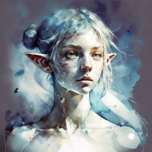 Prompt: ((art by Agnes Cecile)), upper body, fantasy theme, (young female elf mage), (((clear skin))), Heterochromia iridum, (((beautiful intricate detailed face and eyes))), (muted colors), heavy outlines, Surreal, intricate wizard clothes, UHD, 8K, high fantasy, ultra realistic