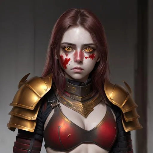 Prompt: beautiful young woman with sad golden eyes and a bruised face, wearing red and black half-plate armor with an exposed, bruised midriff