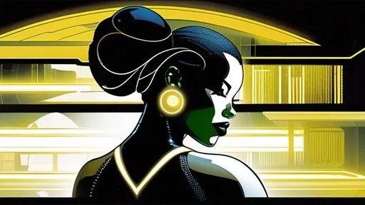 Prompt: Hope Alguin--dark-skinned curvaceous cyborg beauty--uses a quantum computer to scan the Omniverse for any trace of her lost android muse-brother, Philo Layne. art by Travis Charest and Richard Friend.