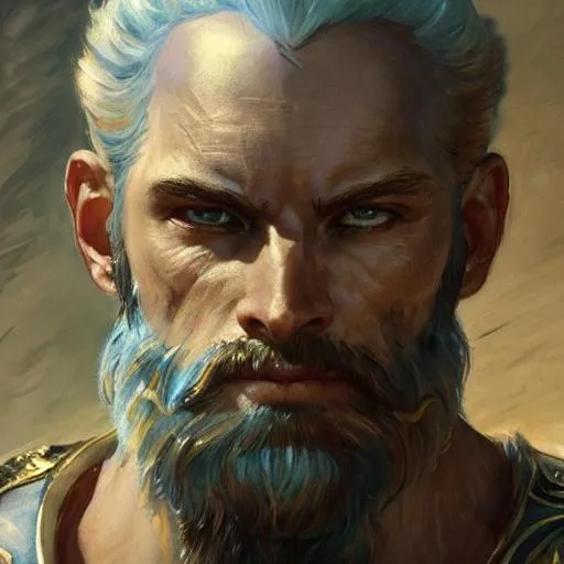 Prompt: detailed cinematic wide shot of sea captain muscular attractive masculine man beard slim face symettrical face clean skin blue eyes white hair, ultra realistic, spring light, painting by gaston bussiere, craig mullins, j. c. leyendecker bronze armor young