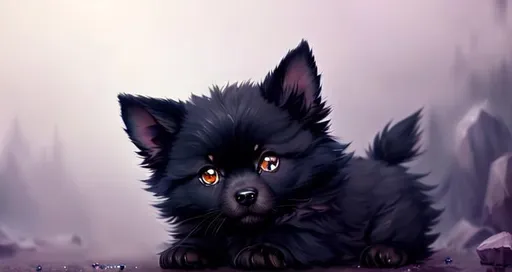 Prompt: Cute, black, fluffy, fantasy dark puppy, with dark, black eyes, very, dark fur, and possessing the element of darkness and making circles of dark magic move around in the air in a magical way. Perfect features, extremely detailed, realistic. Krenz Cushart + loish +gaston bussiere +craig mullins, j. c. leyendecker +Artgerm.