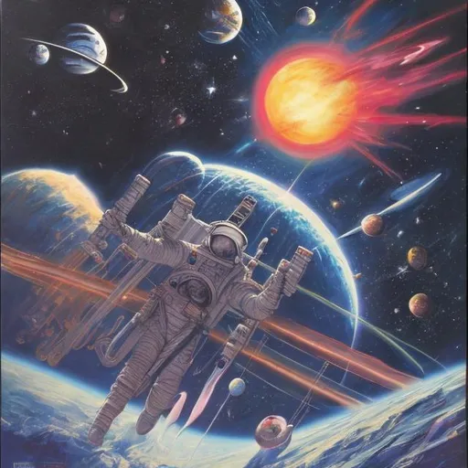 Prompt: 1980s space fantasy cover art painting