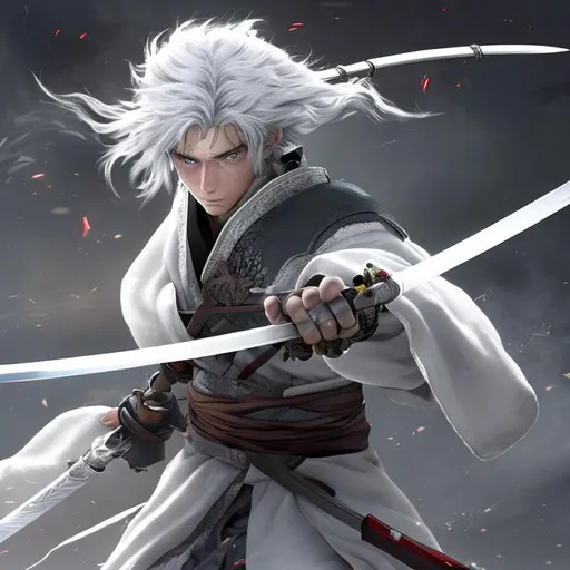 Prompt: a grey-skinned, white-haired young
 swordsman with two swords surrounded by spirits
 