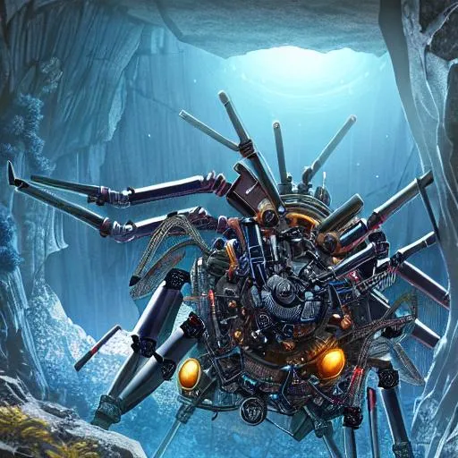 Prompt: mechanical spider in a cave