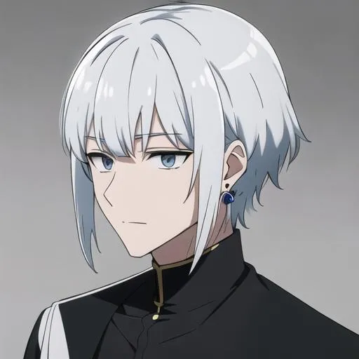 Prompt: Saiko Male (short pure white hair) 8k, UHD, happy, black earrings, 